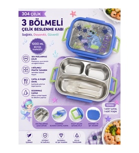 3 Bölmeli Paslanmaz Çelik Yemek Kabı Sızdırmaz Kapaklı 1000ML