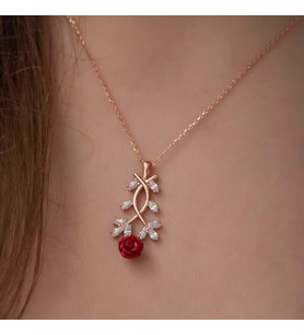 ?Gümüş Rose Kırmızı Gül Kolye
