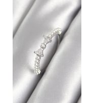 Mey İthalat® Pirinç Gümüş Renk Zirkon Taşlı Kurdele Model İnci Detay Kadın Yüzük