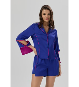 Addria Saks Mavisi Şortlu Saten Pijama Takımı