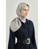 Jakarlı İpek Pamuk Dama Eşarp - 4464 (Gri)