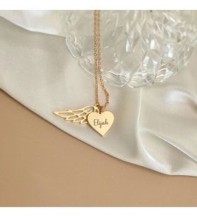 Kişiye Özel 925 Ayar Gümüş Melek Kanatlı Kalp İsim Kolye (Gold)