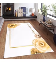 Beyaz Zemin Gold Şerit Desen Yıkanabilir Kaymaz Taban Leke Tutmaz Modern Salon Halısı ve Yolluk (Sarı)
