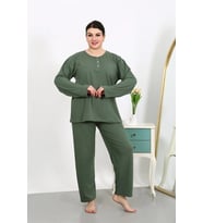 Kadın Büyük Beden Uzun Kol Penye Pijama Takımı Haki