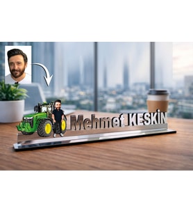 Kişiye Özel Çiftçi Karikatürlü 30 cm Ayna Pleksi Masaüstü İsimlik - Çiftçi Hediyesi İş Arkadaşına ve Meslek Sahibine Hediye