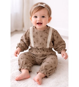 Dantel Detaylı Çiçek Desenli Müslin Kız Bebek Üst ve Pantolon İkili Set Takım Babyhola 2009 (Kahverengi)