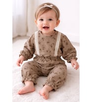 Dantel Detaylı Çiçek Desenli Müslin Kız Bebek Üst ve Pantolon İkili Set Takım Babyhola 2009 (Kahverengi)