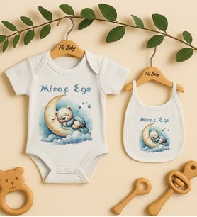 Pia Baby Premium %100 Pamuk İsme Özel Organik Baskılı Çıtçıtlı Bebek Body Ve Önlük 5089-20 (Ekru)