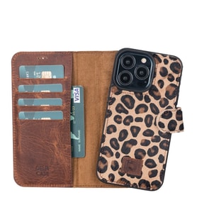Apple iPhone 13 Pro Uyumlu Deri Cüzdanlı Kılıf Leopar Desen