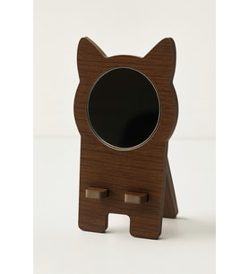 Kedi Şekilli Ayna Detaylı Ahşap Telefon Standı (Koyu Ahşap)