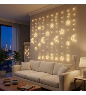 3 Metre Perde LED Işık Zinciri - Yıldız ve Ay Figürlü Sarı Işık Uç Uca Eklenebilir