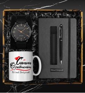 Öğretmenler Gününe Özel Canım Öğretmenim Kupası & Kişiye Özel Defter & Deri Kılıflı Touch Pen Kalem & Hasır Kordon Saat