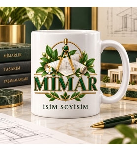 Mimar Kupa Bardak Yeşil Yapraklı Pergel ve Plan Desenli