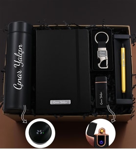 Kişiye Özel Premium Hediye Seti ( Dereceli Termos & USB Çakmak & Defter & Anahtarlık & Kalem)