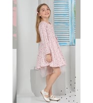 Kız Çocuk Kloş Elbise Çiçek Desenli Ve Etek Ucu Tüllü 12178 EFTELYA (Pembe)