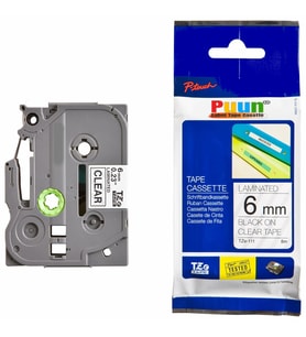 PUUN® Brother P-Touch TZE-111 6mm x 8m Şeffaf Üzerine Siyah Muadil Laminasyon Etiket Şeridi (Çok Renkli)