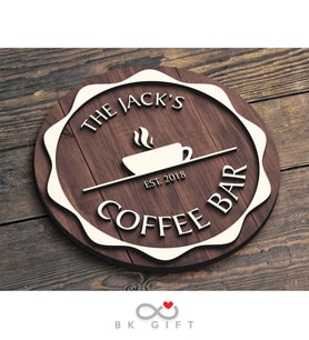 BK Gift Kişiye Özel Dekoratif Yuvarlak Ahşap Coffee Bar Tabelası 43cm - Model 3