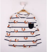 Toontoy Kız Bebek T-Shirt Çizgili Cepli Tilki Baskı (Ekru)