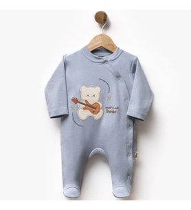 Erkek Bebek Mavi Gitarlı Ayıcık Desenli Çıtçıtlı Patikli Tulum