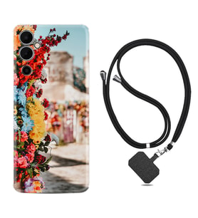 Tecno Pova 4 Kılıf Silikon Boyun Askılı İpli Desenli Silikon Gerçek Çiçekler 1743
