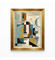 Tablore Kübist Tarz Gitar Ve Kadeh Soyut Gold Çerçeveli Tablo Geometrik Salon Duvar Dekorasyonu