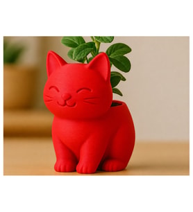 Alvera Sevimli Kedi Saksı – 3D Baskı Figürlü Minik Yeşil Saksısı-Kırmızı