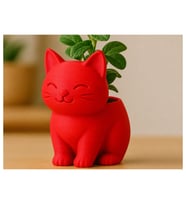Alvera Sevimli Kedi Saksı – 3D Baskı Figürlü Minik Yeşil Saksısı-Kırmızı