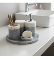 Deconore Doğal Mermer Banyo Seti 5’li – El Yapımı Banyo Aksesuar Takımı ve Dekoratif Set (Gri-Beyaz)
