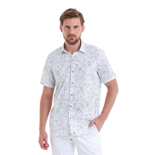 Hatemoğlu Lacivert Comfort Fit Baskılı %100 Pamuk Slim Yaka Kısa Kollu Gömlek
