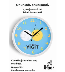 İsme Özel Sevimli Güneş ile Ay Çocuk Odası Duvar Saati Orta Boy 30 cm Beyaz Camlı Sessiz