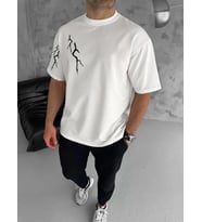 Unisex Bisiklet Yaka Baskılı Oversize T-Shirt - Beyaz