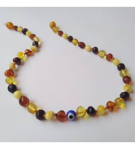 SERTİFİKALI ORİJİNAL KEHRİBAR BEBEK DİŞ KOLYESİ 32-33 cm 0-4 YAŞ (Nazar Boncuklu)