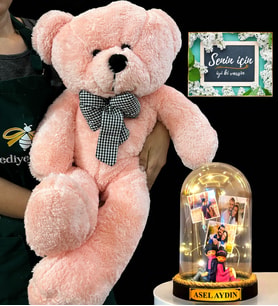 Size Özel İsimli Premium Set - Büyük Boy Pembe Peluş Ayıcık ve İsimli 3 Fotoğraflı Led Işıklı Fanus (Model 8)