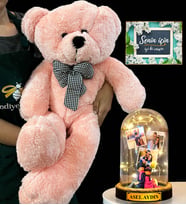 Size Özel İsimli Premium Set - Büyük Boy Pembe Peluş Ayıcık ve İsimli 3 Fotoğraflı Led Işıklı Fanus (Model 8)