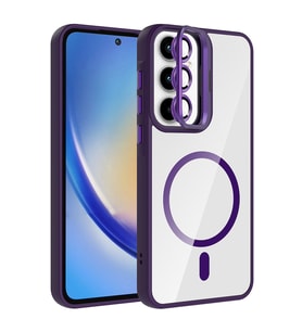 Samsung Galaxy A35 Uyumlu Kılıf Standlı ve Kamera Lens Hediyeli M-Safe Şarj Özellikli Zore Etro Kapak (Koyu Mor)