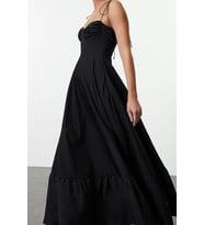 Moda Stil Regular Kalp Yaka Maxi Boy Drape Detaylı Dokuma Elbise