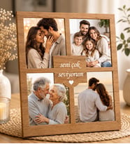 Kişiye Özel 4 Fotoğraflı Ahşap Mesaj Tasarımlı Çerçeve Ahşap Renk Kolaj Masaüstü Çerçeve