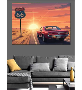 Gün Batımı Route 66 Yolu Dekoratif Kanvas - Mdf Ahşap Tablo