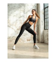 Siyah Kendinden Yaprak Desen Deri Görünümlü Kumaş Spor Tayt
