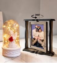 Kişiye Özel 2 Fotoğraflı Dönen Ahşap Çerçeve ve LED Işıklı Beyaz Melekli Fanus Hediye Seti