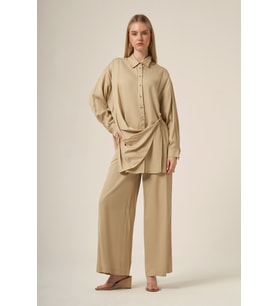 FTZ Women Kadın Rahat Kalıp Asimetrik Drapeli İkili Takım Beige 31322