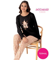 Kadın Bisiklet Yaka Düğmesiz Bilekler Lastikli/Jogger Yumuşak Termal Kışlık Pijama Takımı (Siyah)