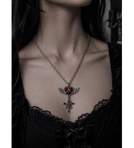 Gotik Kanatlı Kırmızı Kalp Figürlü Zincir Kolye Kadın Erkek Unisex