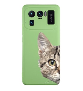 Xiaomi Mi11 Ultra Uyumlu Lansman Kılıf Catface Tasarımlı İçi Kadife Kapak-Yeşil (Şeffaf)