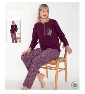 Senfoni Kadın Düğmeli Yaka Uzun Kol Pamuk Likralı Pijama Takımı 6049 -1 Adet (Bordo)