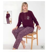 Senfoni Kadın Düğmeli Yaka Uzun Kol Pamuk Likralı Pijama Takımı 6049 -1 Adet (Bordo)