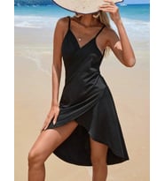 Kadın Askılı Kruvaze Yakalı önden çapraz Kesim Detaylı Viskon Elbise