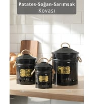 3'lü Set Sebzelik Metal Patates Soğan Sepeti Sarımsak Kovası Şık Organizer Siyah
