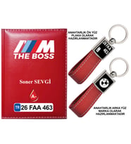 Plakanıza Özel BMW THE BOSS Logolu Kırmızı Ruhsat Kabı ve Anahtarlık