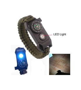 Yeşil Kamuflaj Paracord Bilezik, LED, Bıçak, Ateş Başlatıcı, Düdük, Pusula